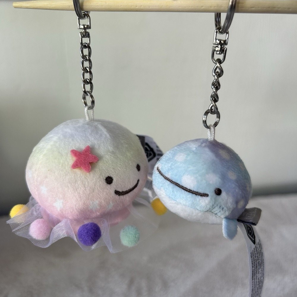 NEW NWOT San-X‎ Japan Jinbesan Pink Jellyfish & Mochimochi Whale Plush Keychains